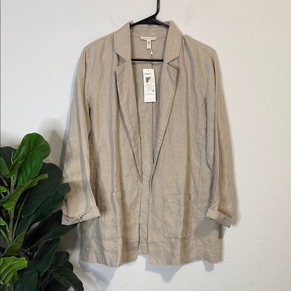 Eileen Fisher 100% organic linen Open Front relaxed fit unstructured blazer tan - Picture 1 of 6